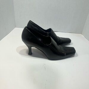 Franco Sarto Black Leather Square-Toe Heeled Pumps